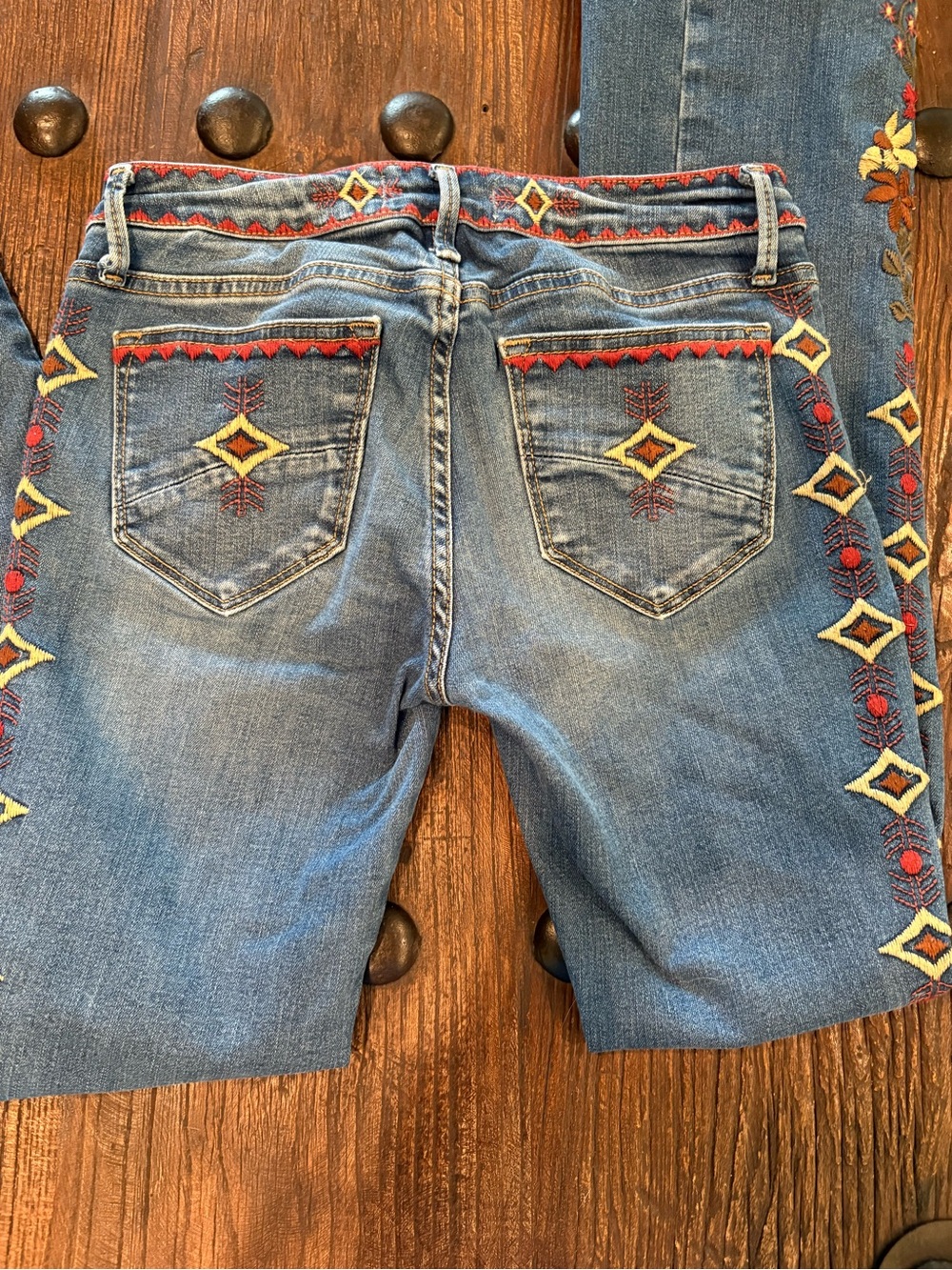 DRIFTWOOD Blue Flare Jeans with Red, Yellow & Cream Embroidery - Picture 8 of 8